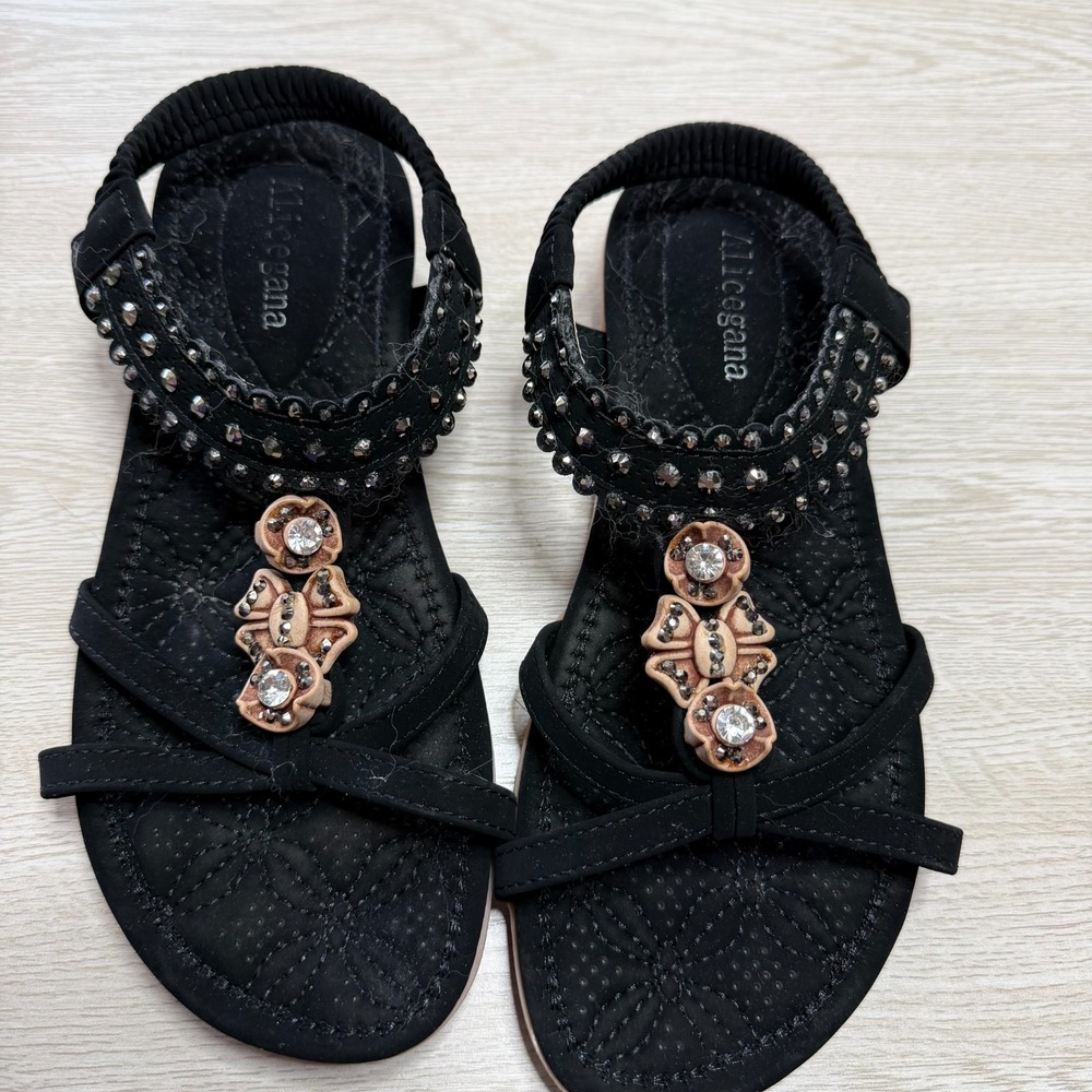 Alicegana Padded Comfort Sandals Women's 6.5M Faux Suede Black and Tan Beaded